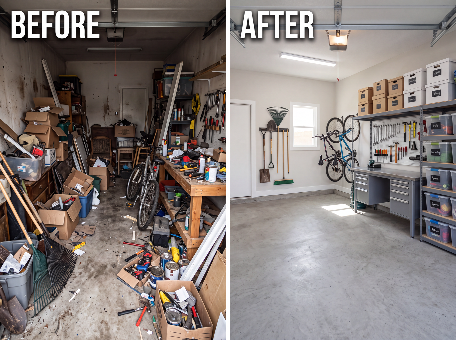 Before and after: a cluttered double garage with stacked boxes and tools, then cleared with labelled bins, pegboard and a swept floor