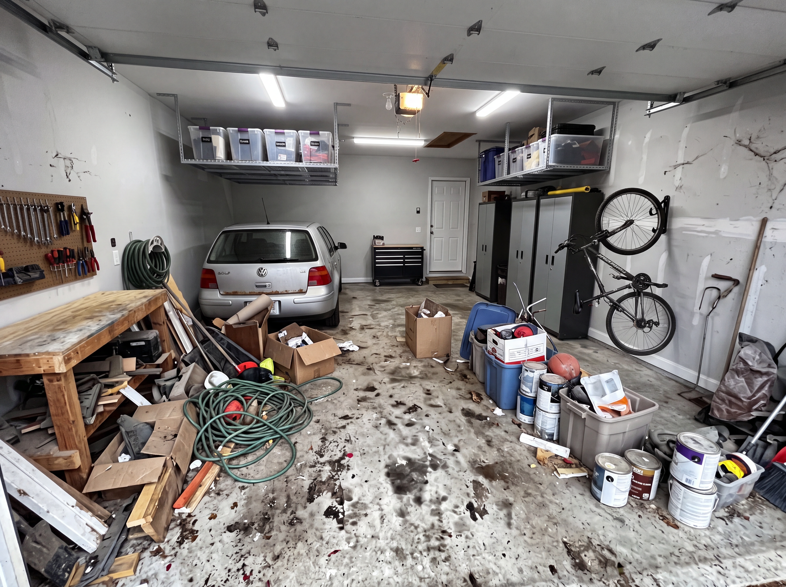 Before: a Calgary garage floor covered in scattered boxes, hoses, paint cans and debris