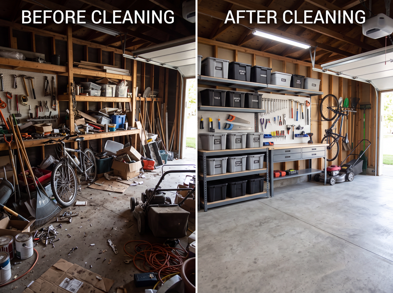 Before and after: a wood-framed garage with overflowing shelves, then reorganized with labelled totes and a tidy pegboard wall