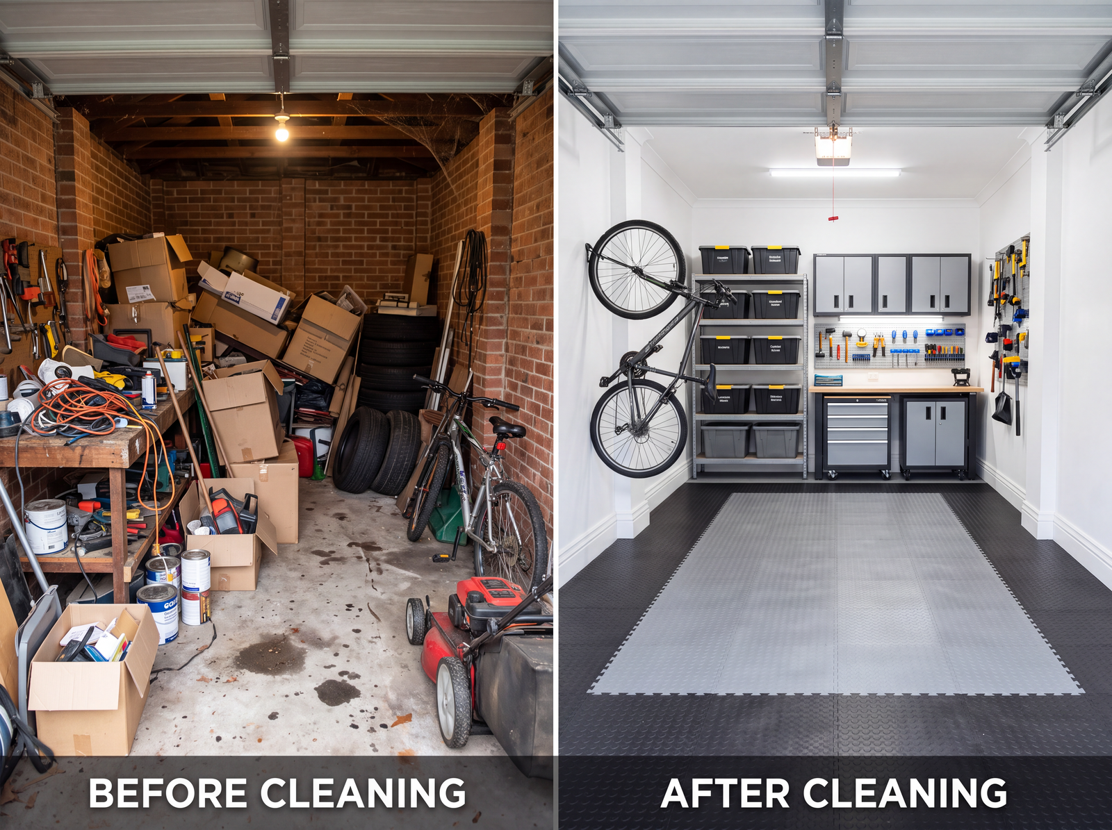 Before and after: a brick garage packed with boxes and tires, then cleared with wall-mounted bike storage, cabinets and floor tiles